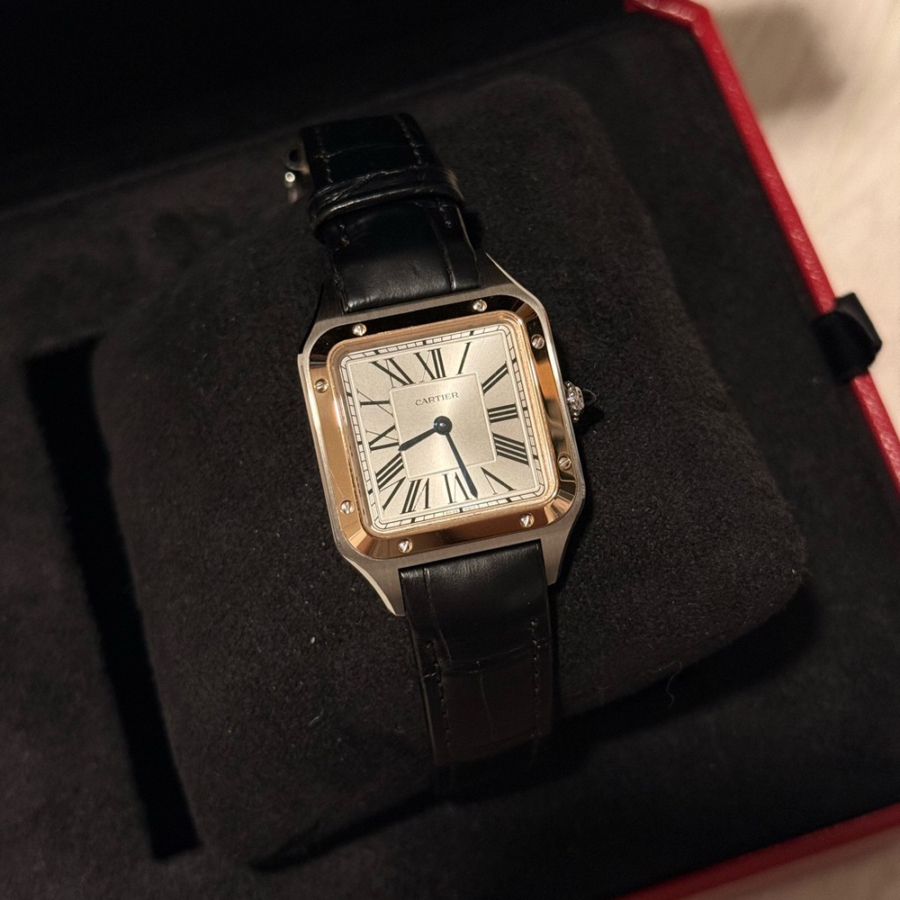 Cartier Santos-Dumont Quartz Steel Gold Watch -Small, black leather (almost new)